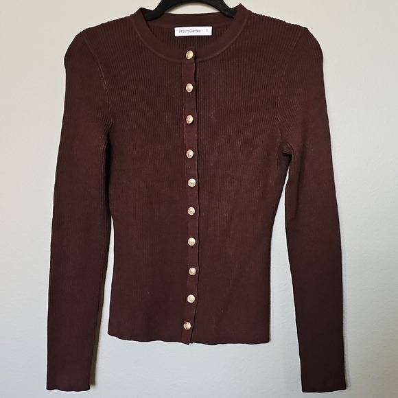 PrettyGarden Sweaters - Pretty Garden High Neck Brown Ribbed Gold Button Long Sleeve Stretch Cardigan SM